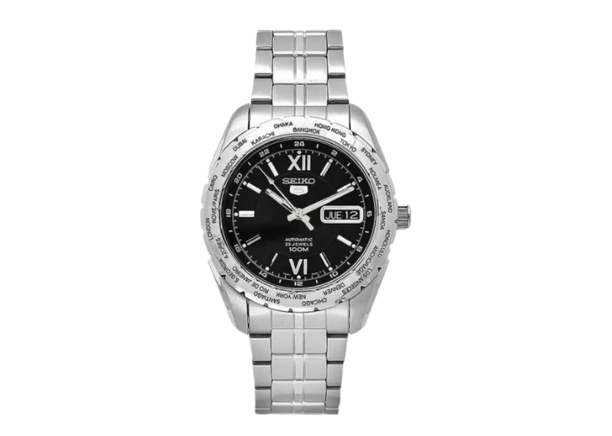 Seiko 5 Sports World Time Automatic Black Dial Stainless Steel Strap