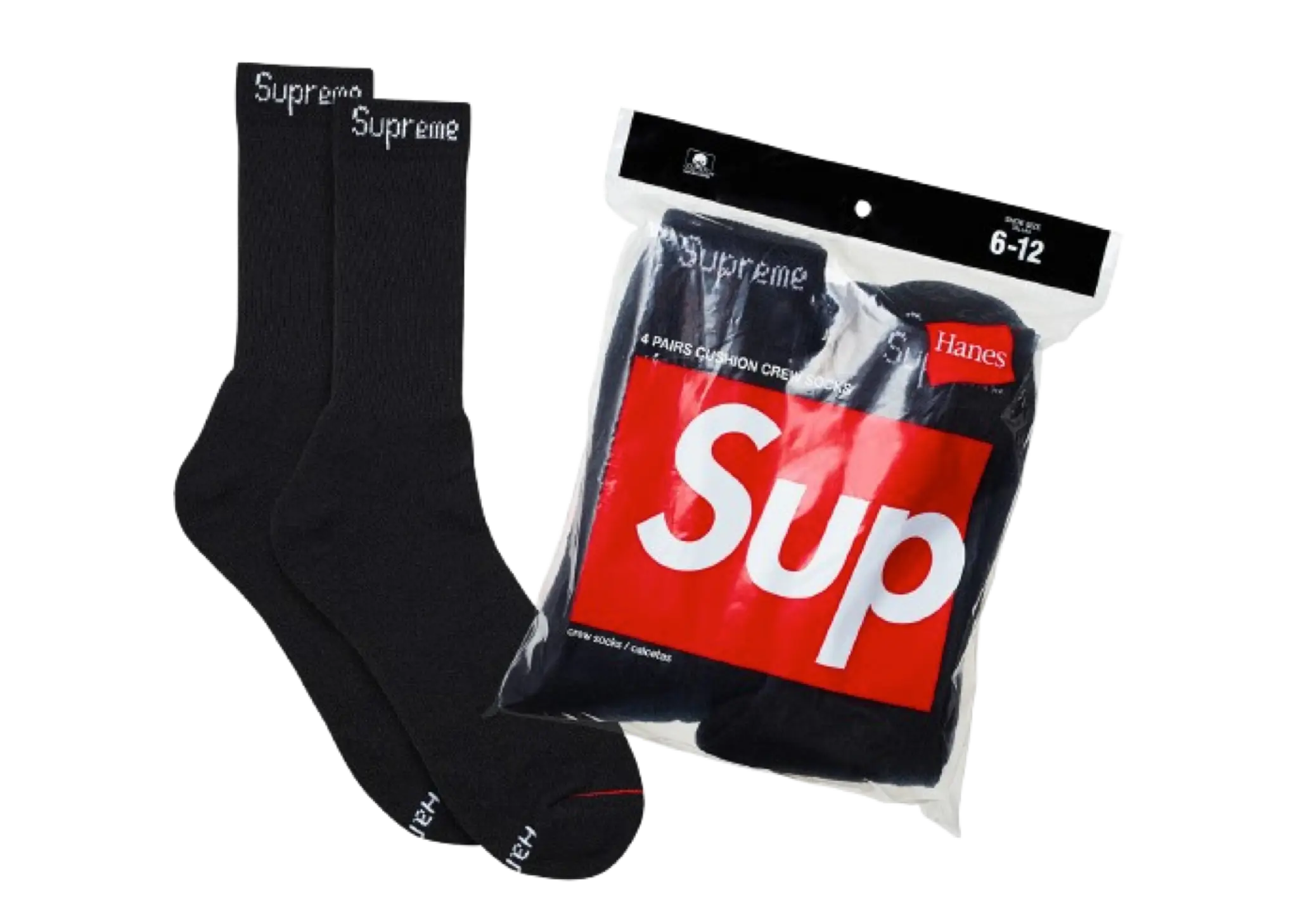 Supreme Hanes Crew Socks Kaos Kaki Black (4 Pack)