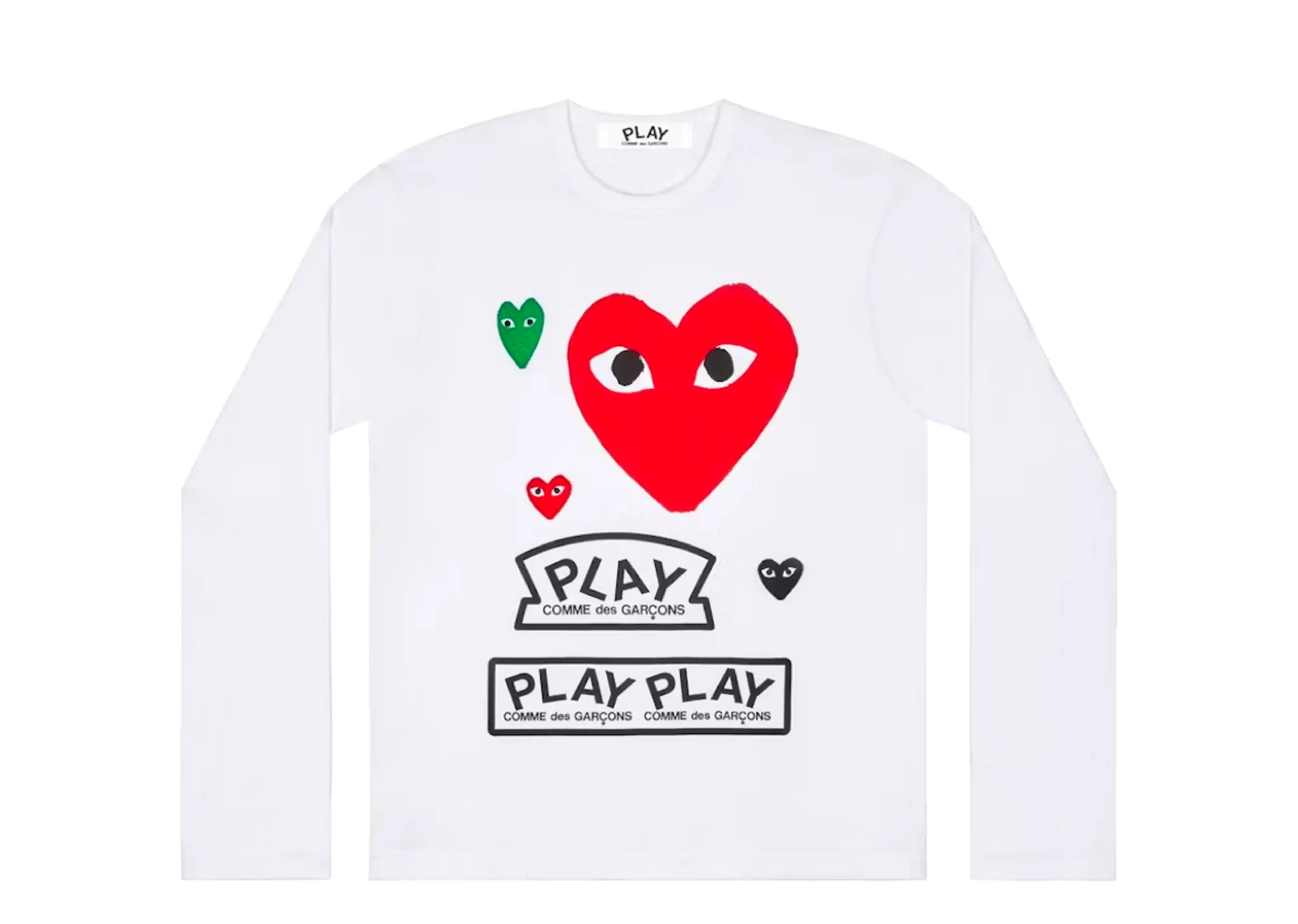 CDG Play Multi Logo Red Heart Long Sleeve T-Shirt White