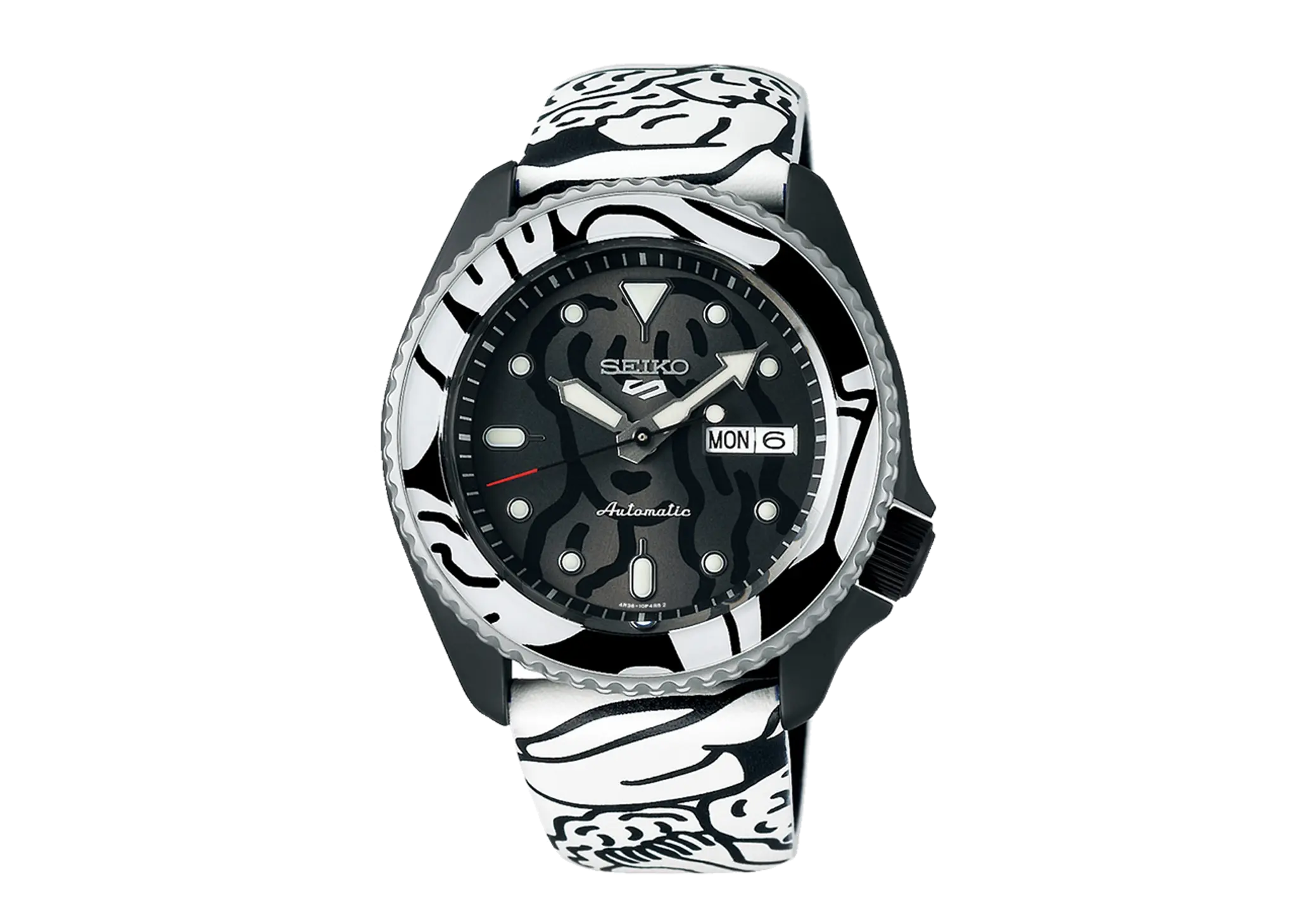Seiko 5 Sports Auto Moai 24 Jewels Black Dial Calfskin Leather Strap