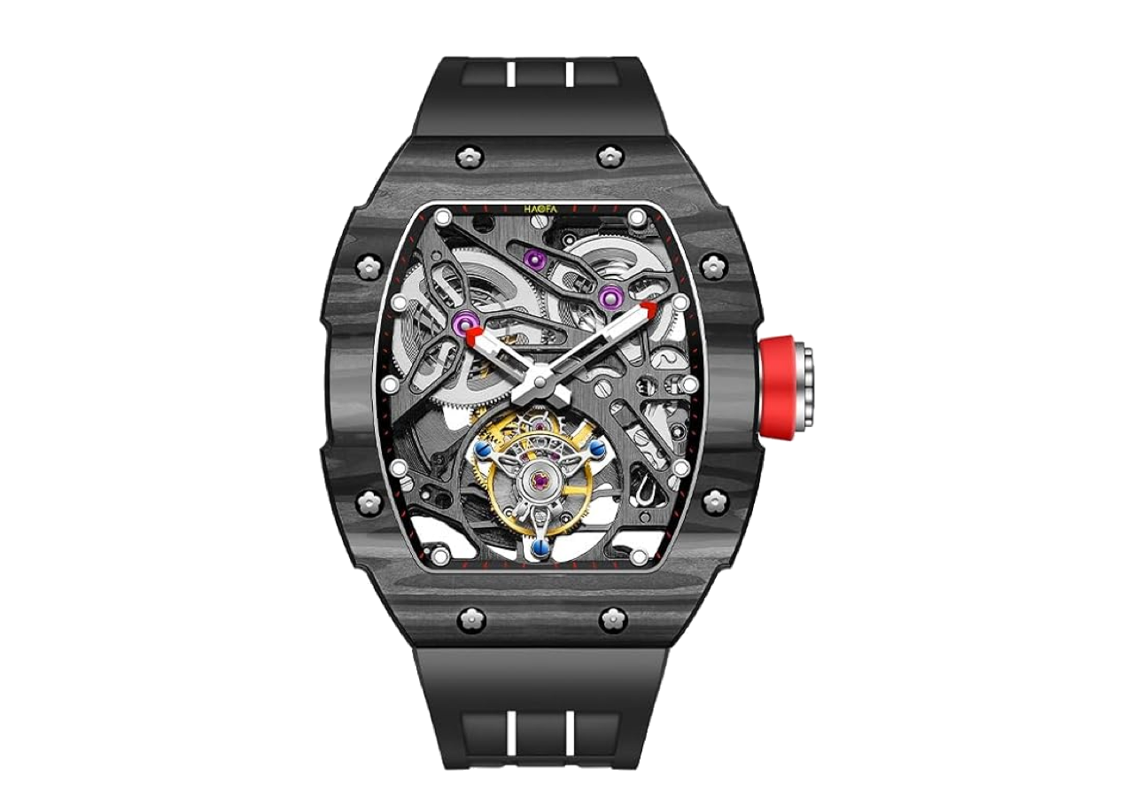 Haofa Tourbillon Watch Skeleton Carbon Fiber Automatic Mechanical Watch Black