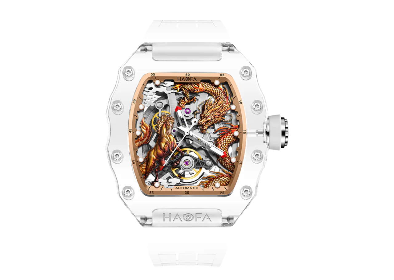 Haofa Crystal 2323 3d Dragon And Horse 72h Automatic Watch White Yellow