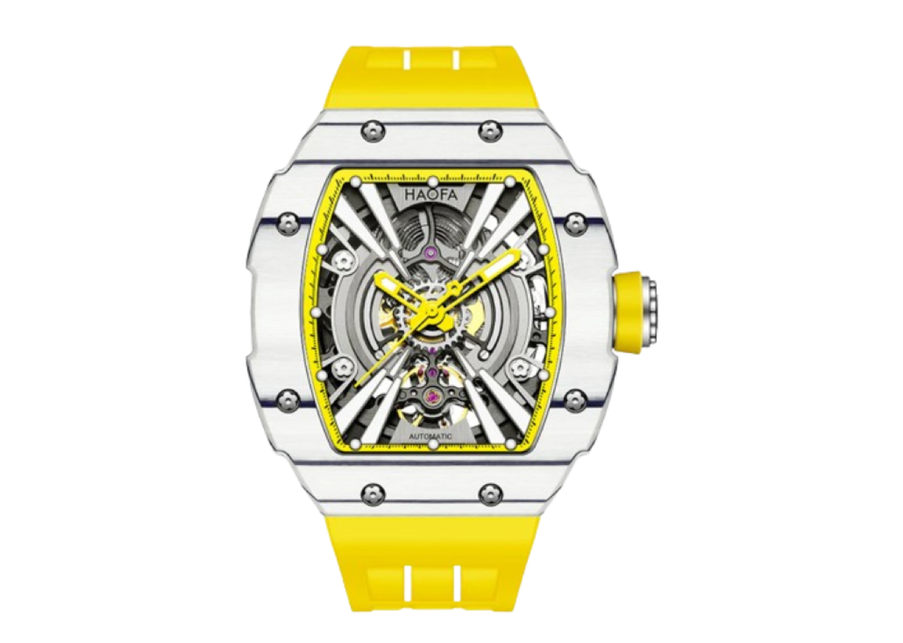 Haofa 1906 Double Carbon Fiber Mechanical Watch 80 Hours Power Skeleton Yellow