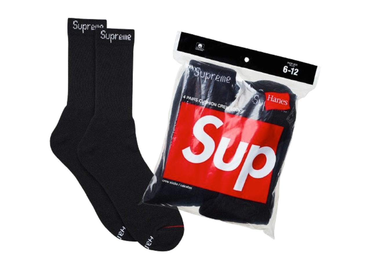 Supreme Hanes Crew Socks Kaos Kaki Black (4 Pack)
