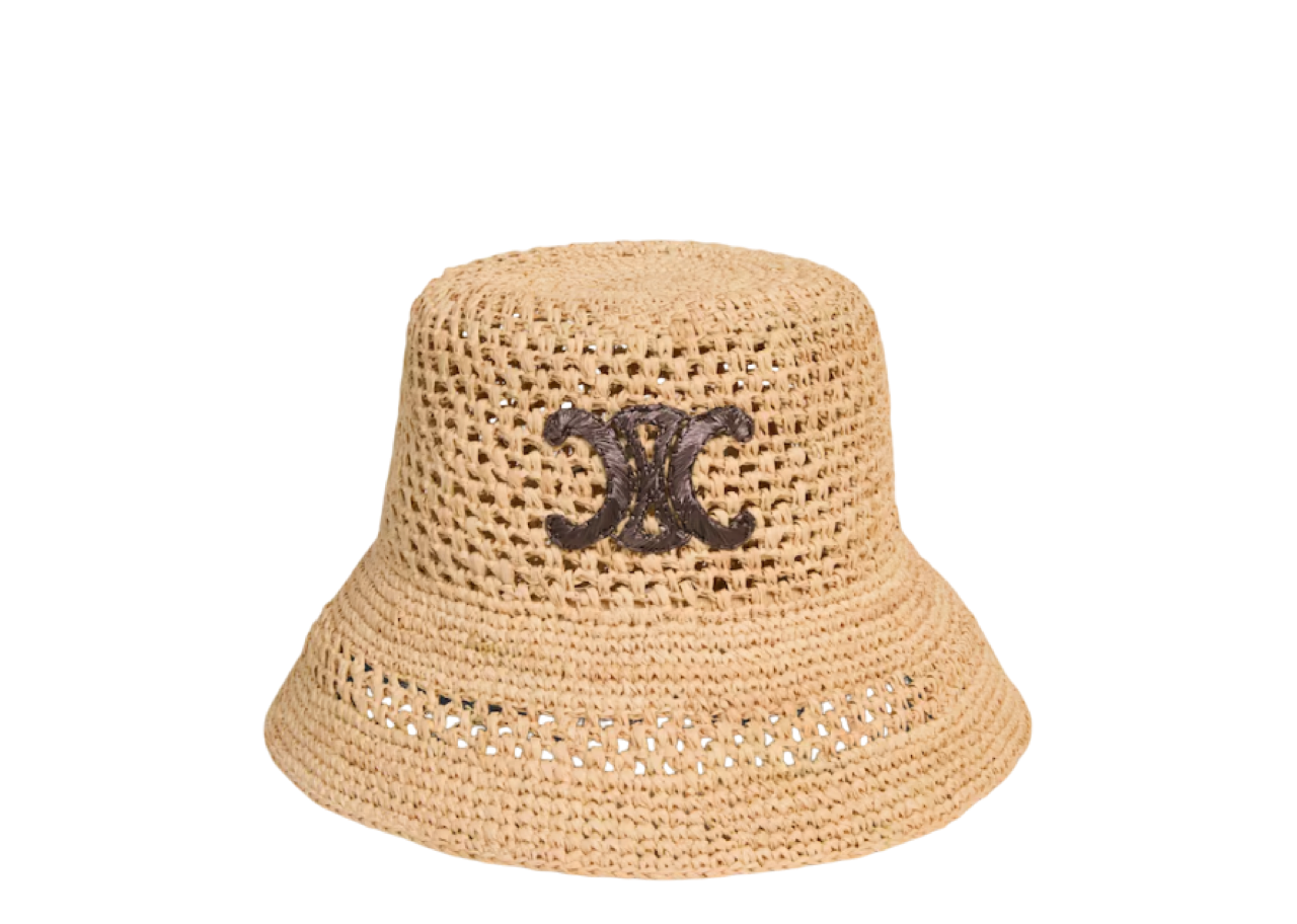 Celine Triomphe Bucket Hat In Raffia Natural