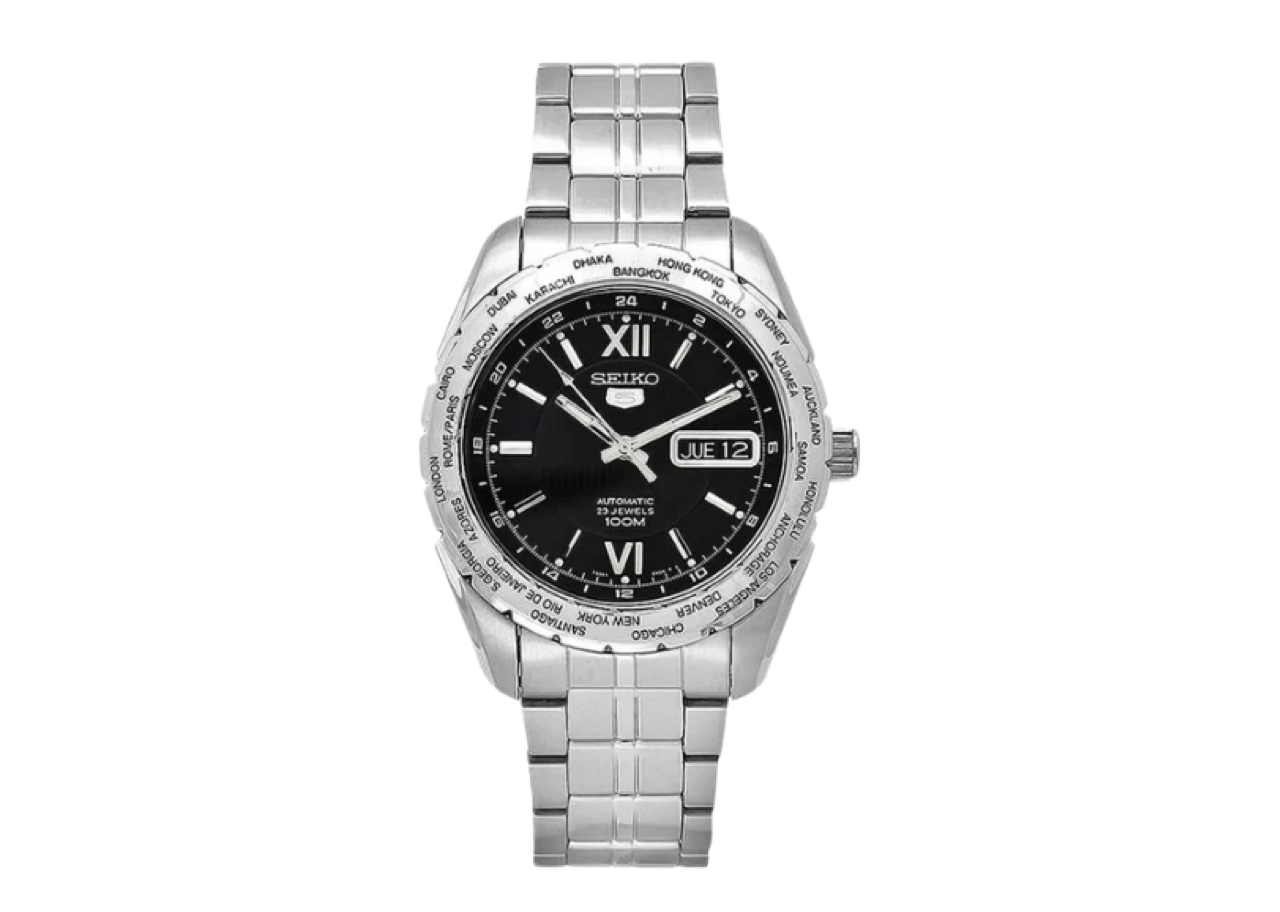 Seiko 5 Sports World Time Automatic Black Dial Stainless Steel Strap