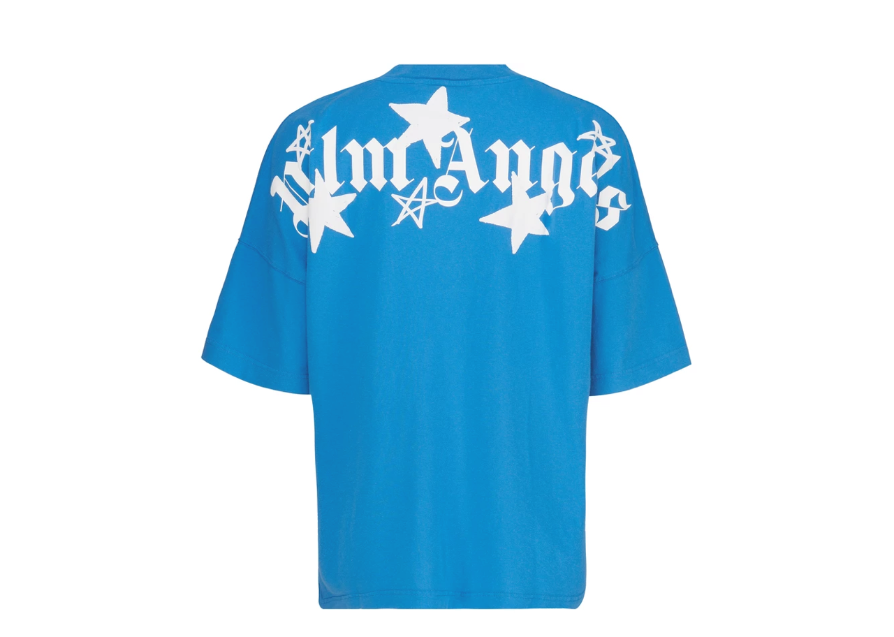 Palm Angels Shooting Stars Oversized Logo Tee Blue White - photo 2