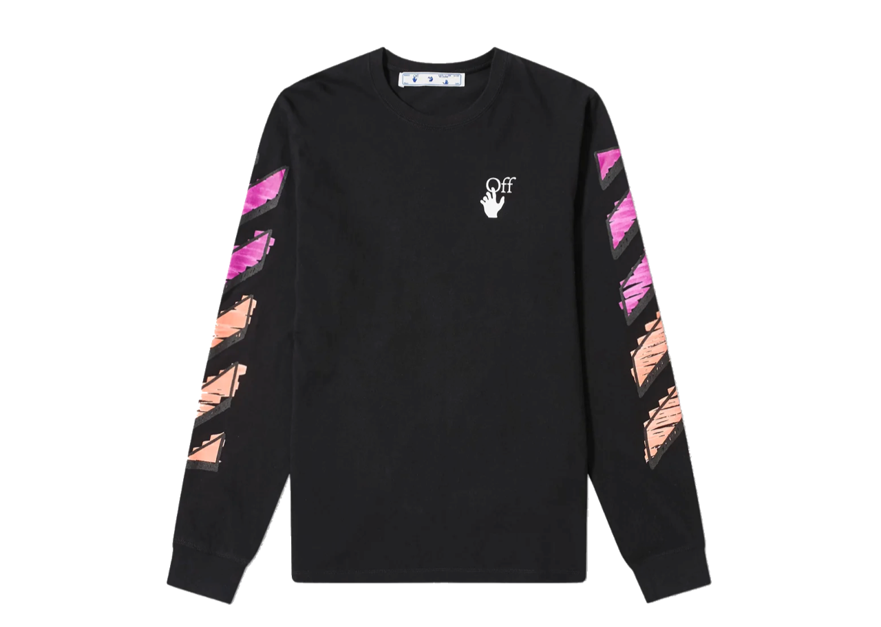 Off-White Diagonal Striped Marker Long Sleeve T-shirt Black Fuchsia