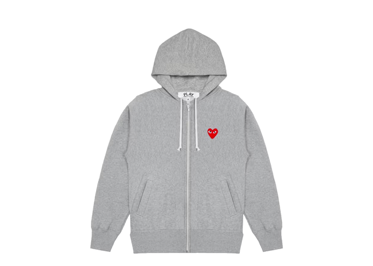 CDG Play Red Heart Zip Up Hoodie Grey