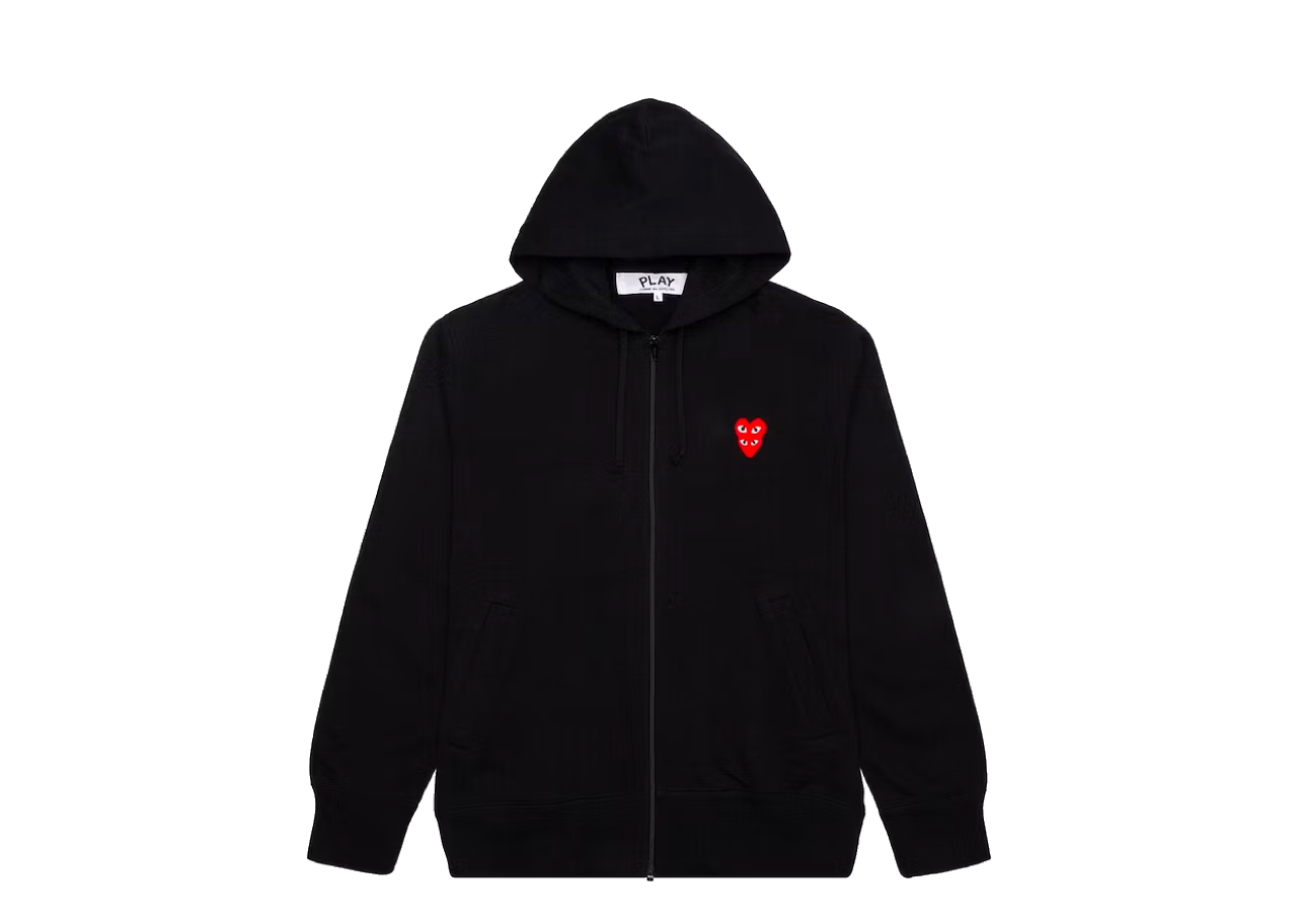 CDG Play Red Stacked Heart Zip Up Hoodie Black