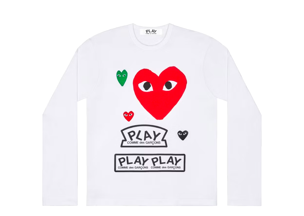 CDG Play Multi Logo Red Heart Long Sleeve T-Shirt White