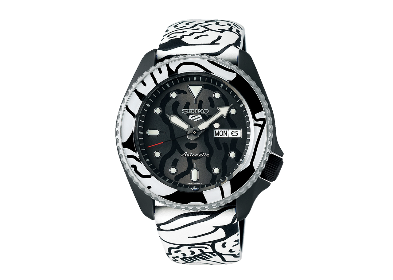 Seiko 5 Sports Auto Moai 24 Jewels Black Dial Calfskin Leather Strap